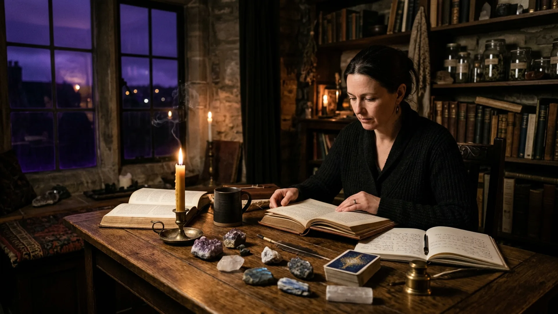 Ritual objects on a dark surface, single candle light